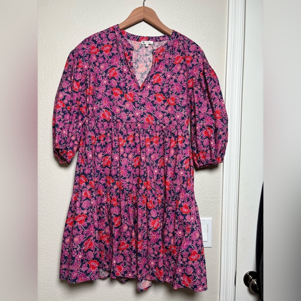 Sundry for Evereve Wear Anywear Poplin Cotton Tiered Mini Dress with Pockets.